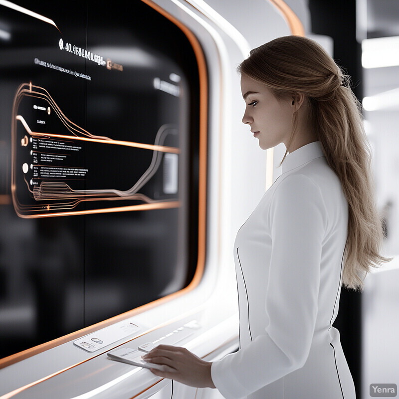 A woman in a white lab coat stands in front of a large screen displaying a futuristic interface.