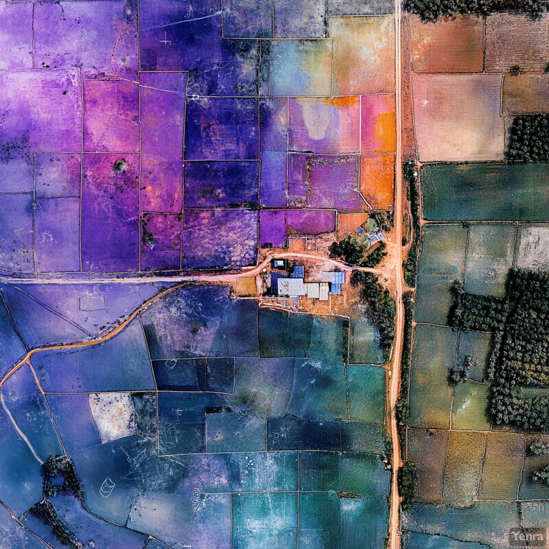 Aerial view of a vast expanse of farmland with rectangular plots and trees in the distance.