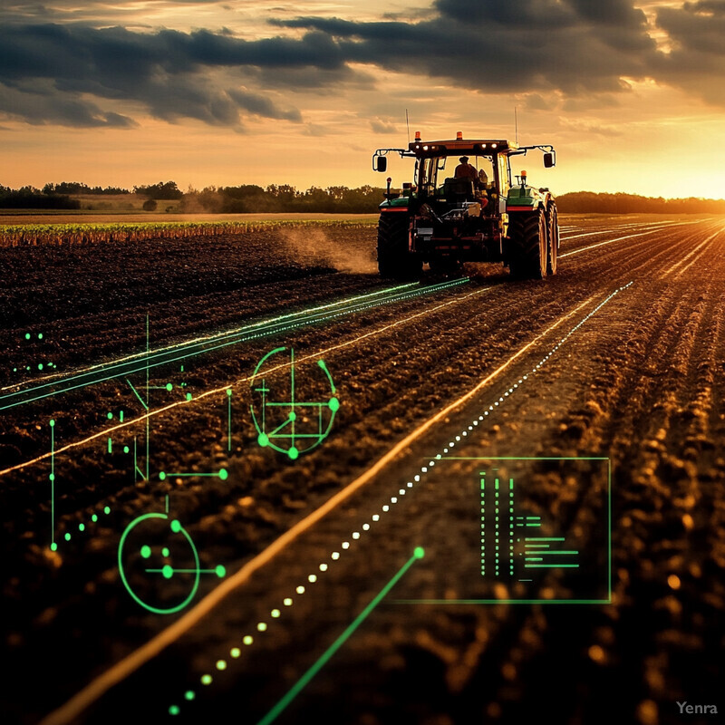 A tractor driving through an agricultural field with digital symbols overlaid on top.