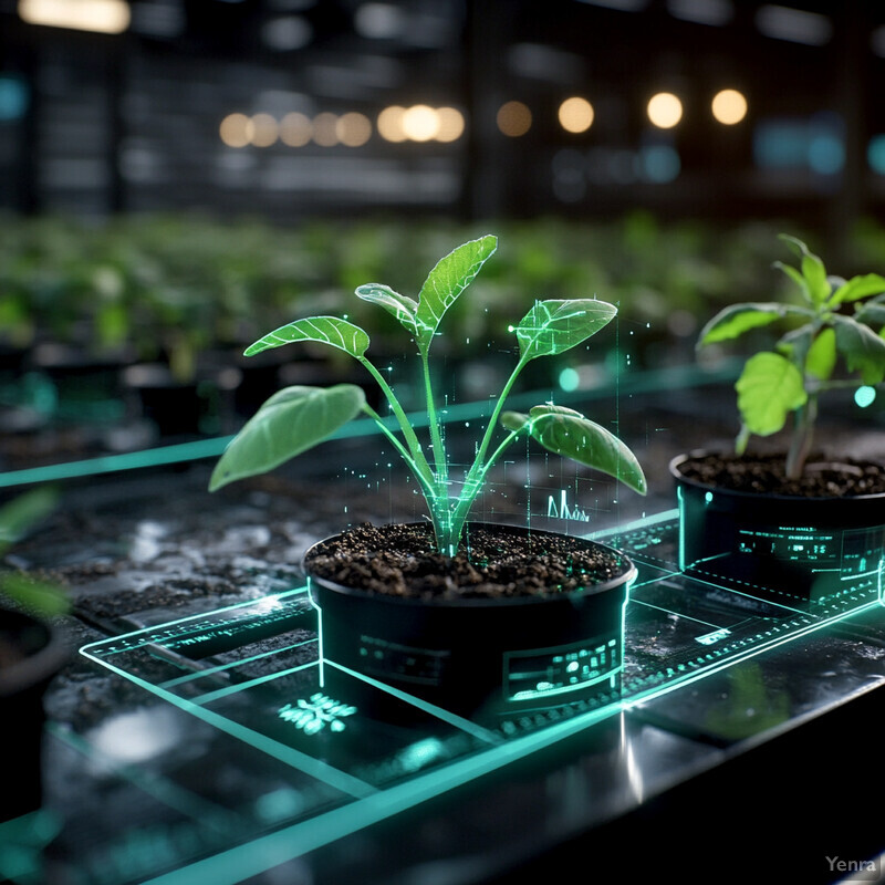 A futuristic greenhouse or laboratory setting where plants are being monitored and cared for using advanced technology.