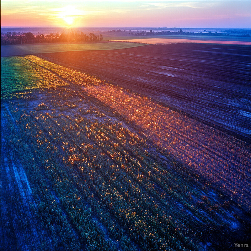 A serene rural landscape at sunset, with a field of crops and trees in the foreground and a small town or village in the distance.