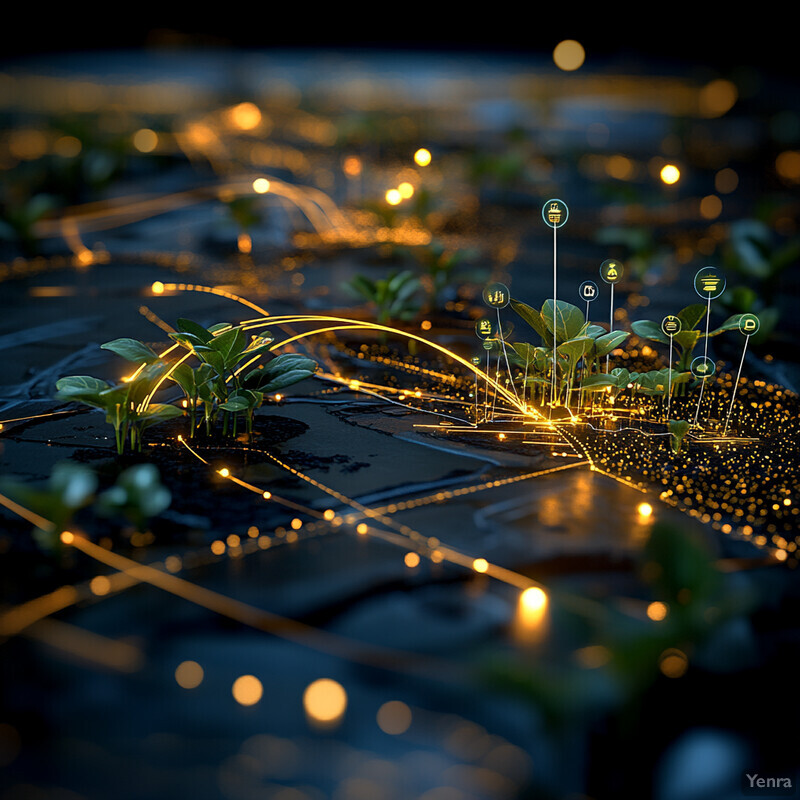 A futuristic representation of a food supply chain, highlighting the interconnectedness of different stages and the importance of data management.