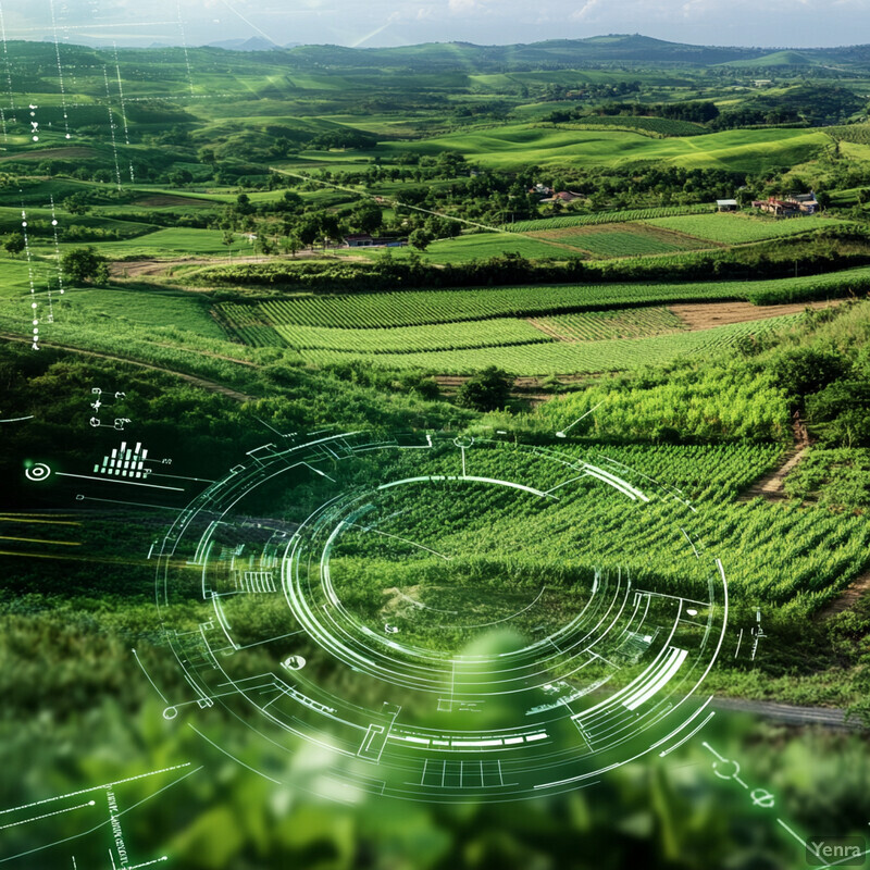 An aerial view of an agricultural landscape with crop fields and white lines/symbols.