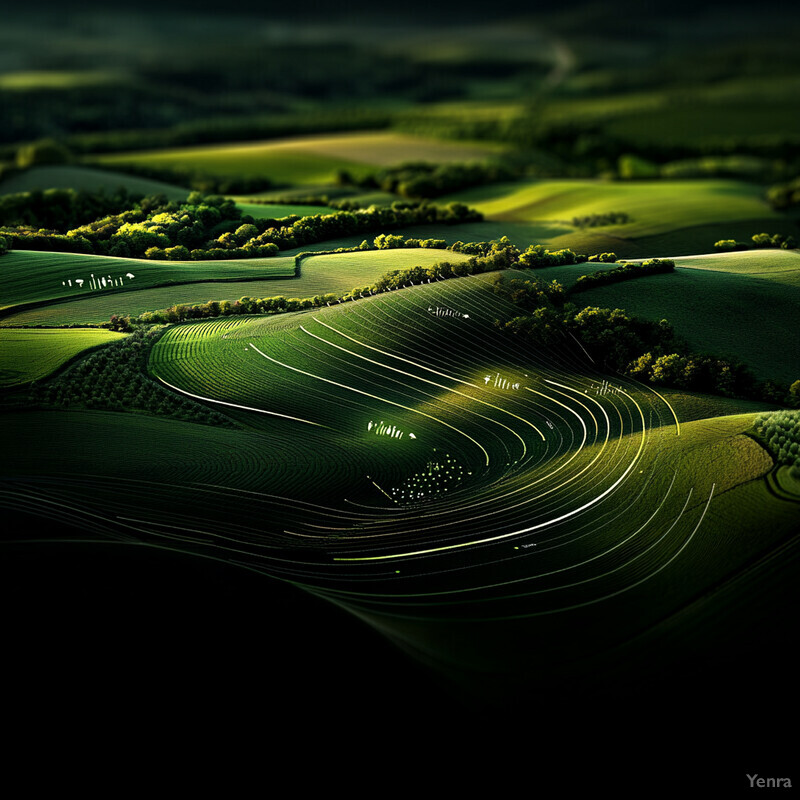 The image showcases a vast agricultural landscape with numerous fields and hills covered in lush green crops.