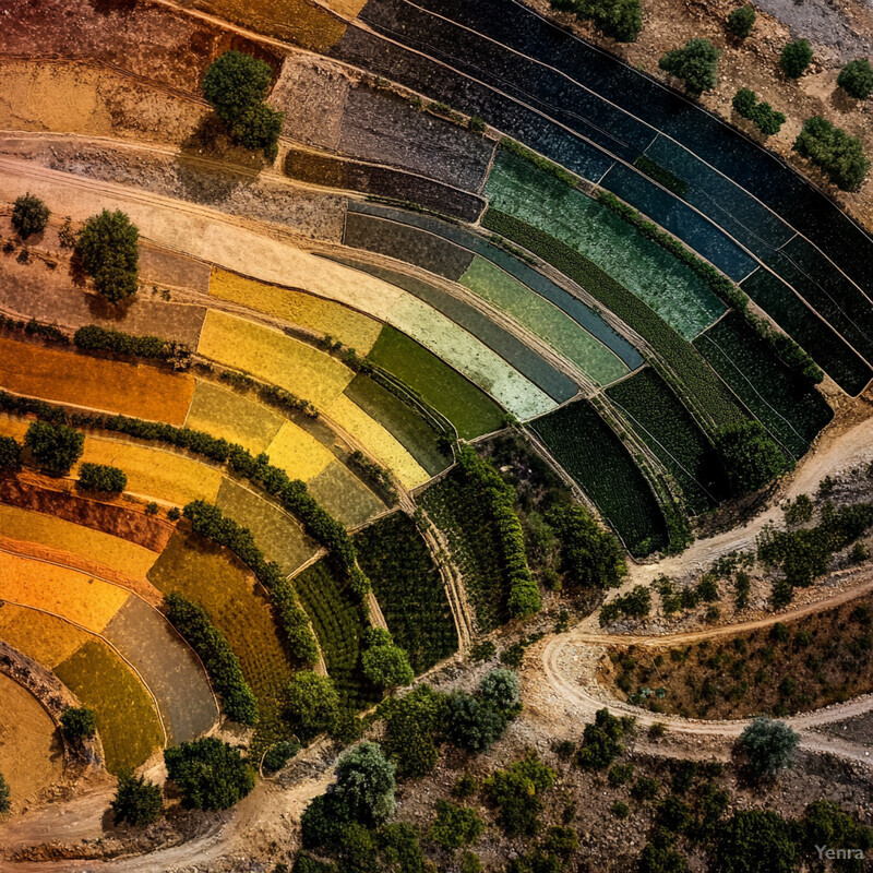 Aerial photograph of agricultural land with neatly arranged crops and dirt roads.