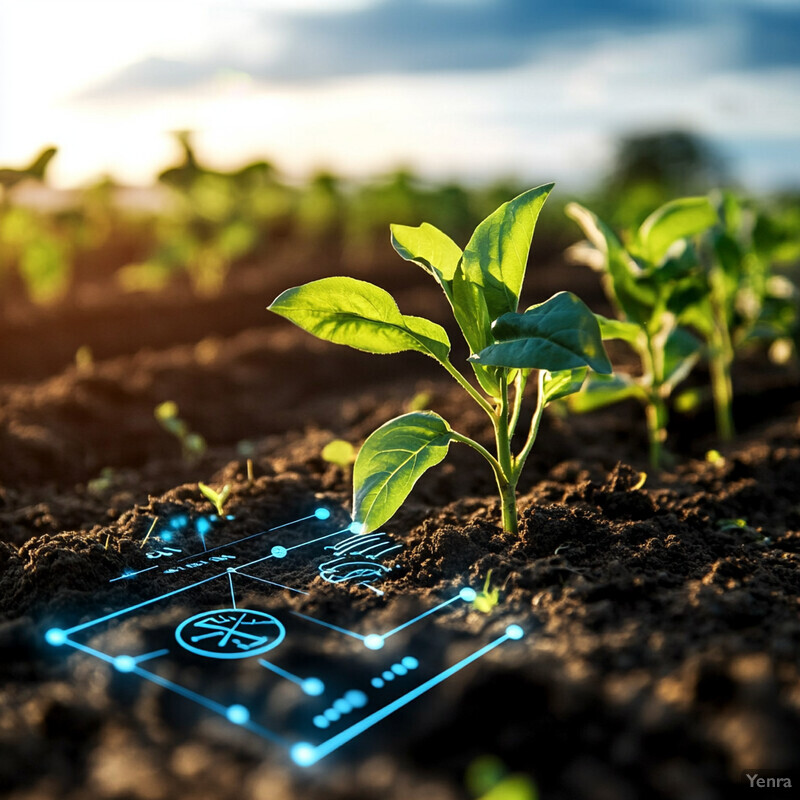 A field of young plants sprouting from dark brown soil, with a blue graphic overlay.