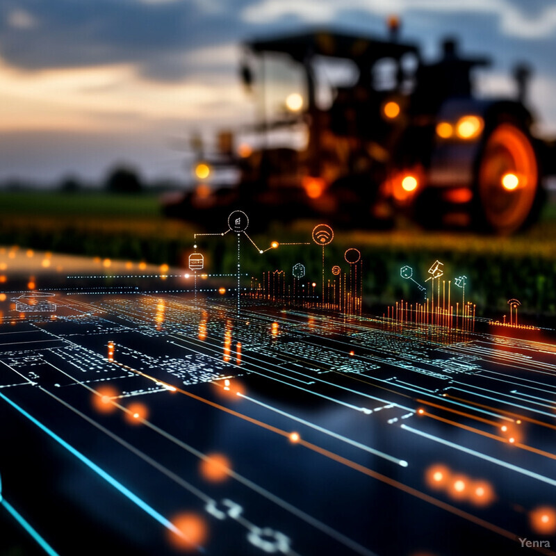 A field with crops and trees in the background, with two tractors tending to the crops.