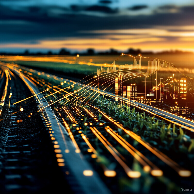 A serene image of an agricultural field at sunset, with rows of crops stretching towards the horizon under a vibrant orange and yellow sky.