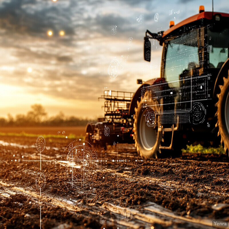 A tractor in a muddy field at sunset or sunrise.