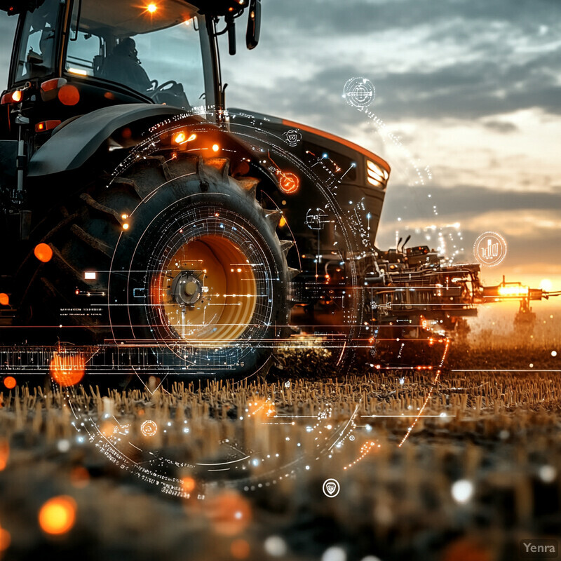 A black tractor with yellow wheels parked in a field of crops, ready to begin its work.