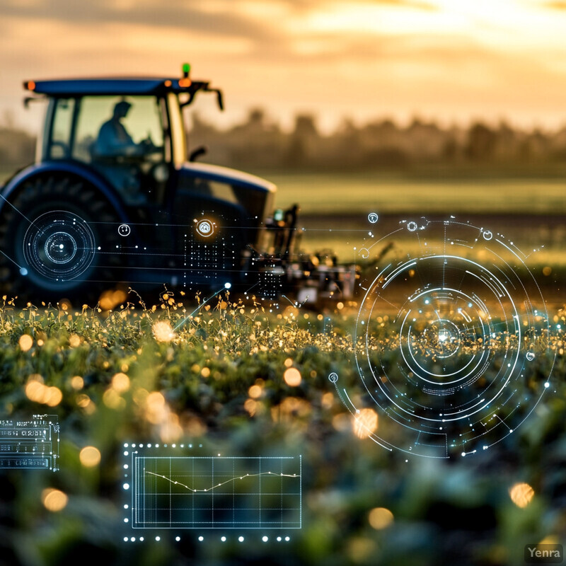 A tractor in a field at sunset, with a focus on monitoring agricultural inputs.