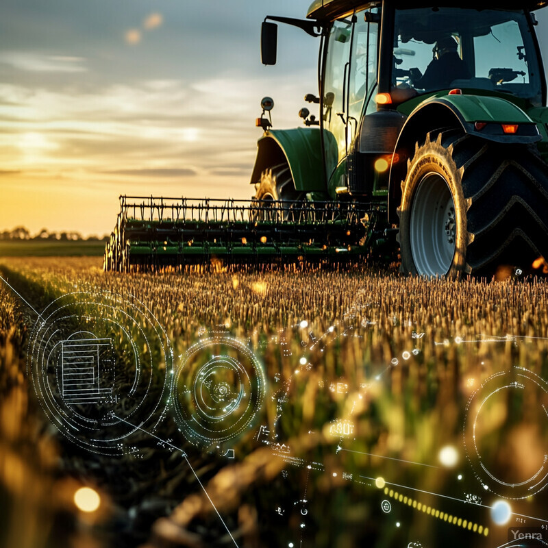 A tractor is shown in a field of crops during sunset.