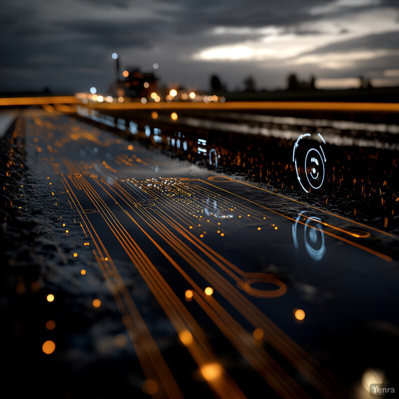 A futuristic-looking road or track with an intricate pattern of orange lines and symbols, possibly for high-speed transportation systems like Hyperloop or Maglev trains.