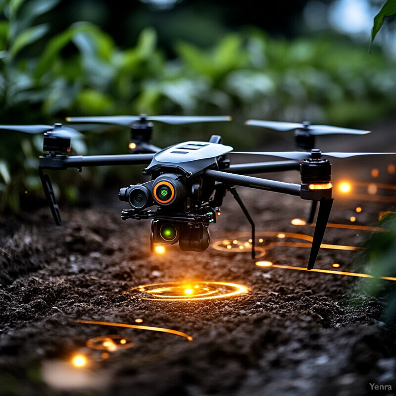 A drone flying over a field of crops, equipped with advanced sensors and cameras.