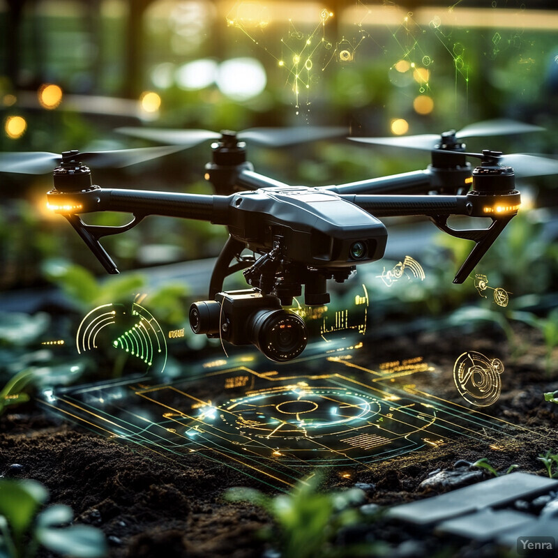 An agricultural drone hovers above a green field, equipped with camera and sensors.