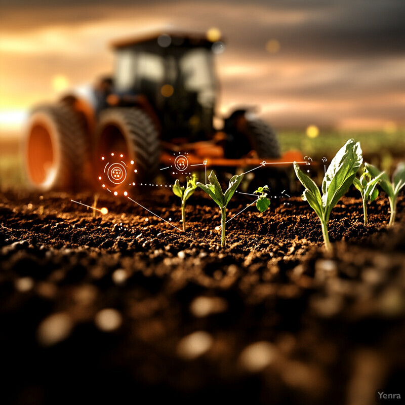 A tractor is cultivating a field with young plants sprouting from the ground.