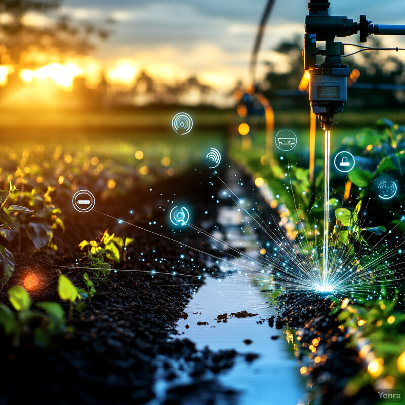 A precision irrigation system in action, with sensors and valves regulating water flow to optimize crop growth.