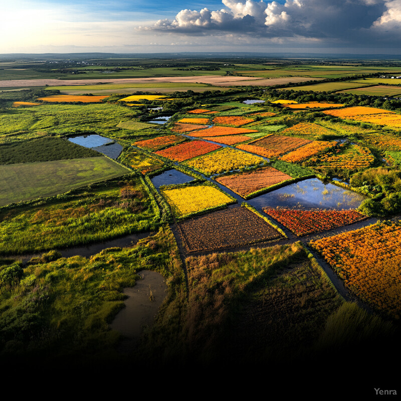 Aerial view of a vibrant landscape with diverse fields and a winding stream.