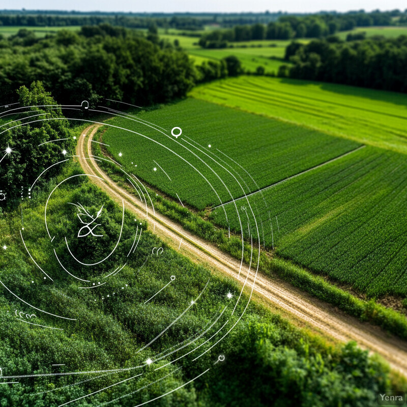 Aerial view of fields and trees with a dirt road running through it