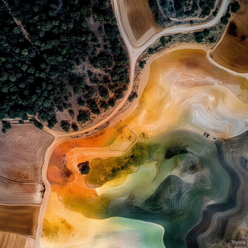 Aerial view of a dry landscape with fields, trees, and a winding road.