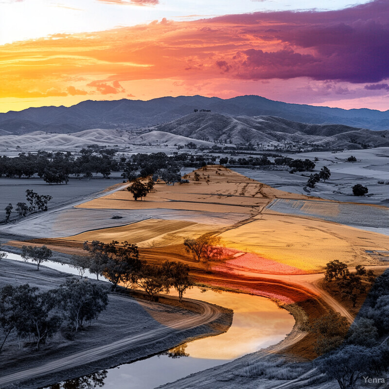 A serene landscape with rolling hills and fields stretching out towards a distant mountain range at sunset.