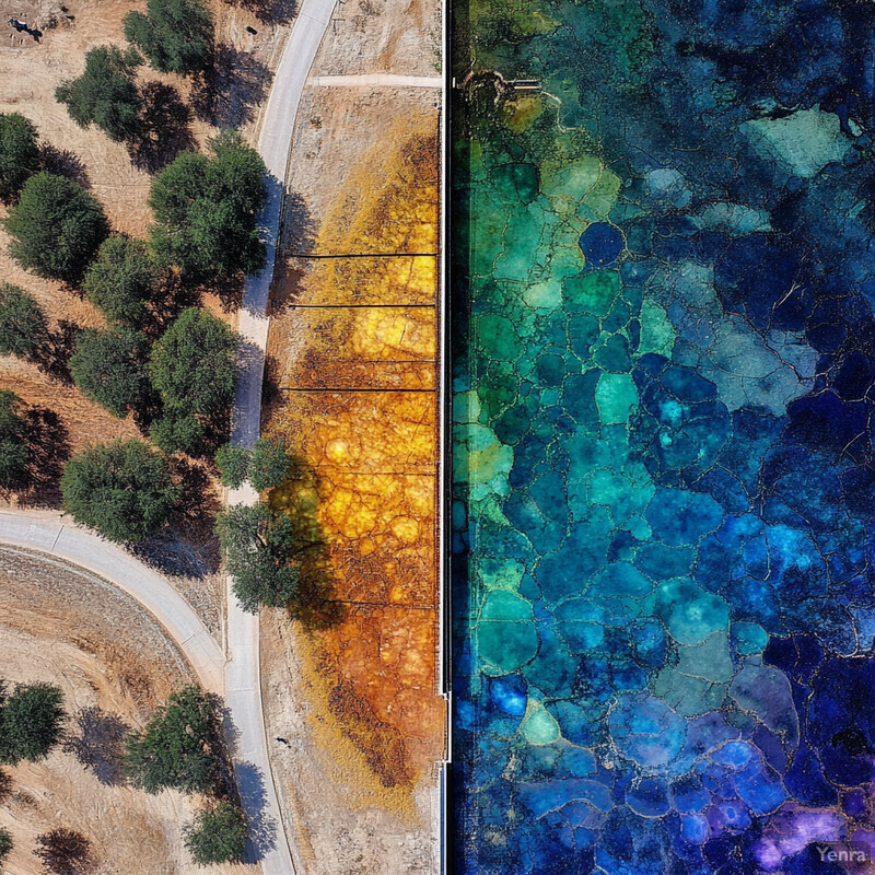 An aerial photograph showcasing contrasting soil moisture levels between two areas, with one side appearing arid and dry and the other experiencing higher moisture levels.