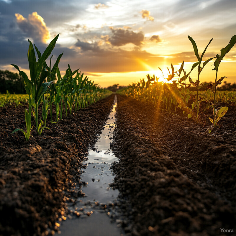 A field of crops at sunset or sunrise, with the sun behind the plants in the background.