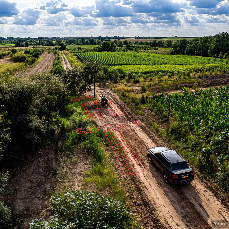 A serene rural landscape with a dirt path winding through green fields and trees under a partly cloudy sky.