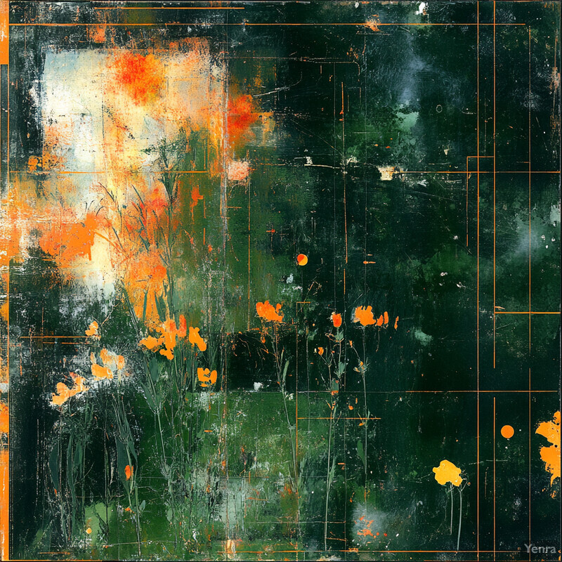 Abstract painting with green and orange hues, rough texture, and dark green background.