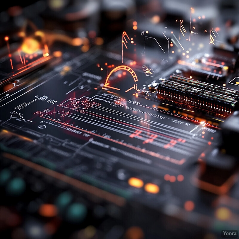 A close-up view of an electronic circuit board with various components and wires.