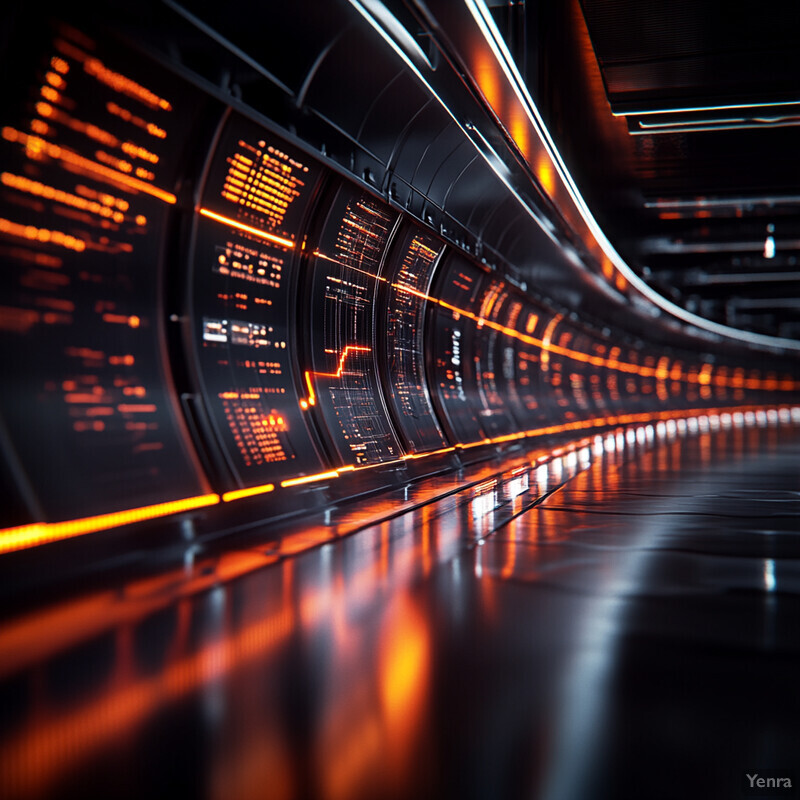 A futuristic corridor with glowing orange lights and large screens displaying abstract data.