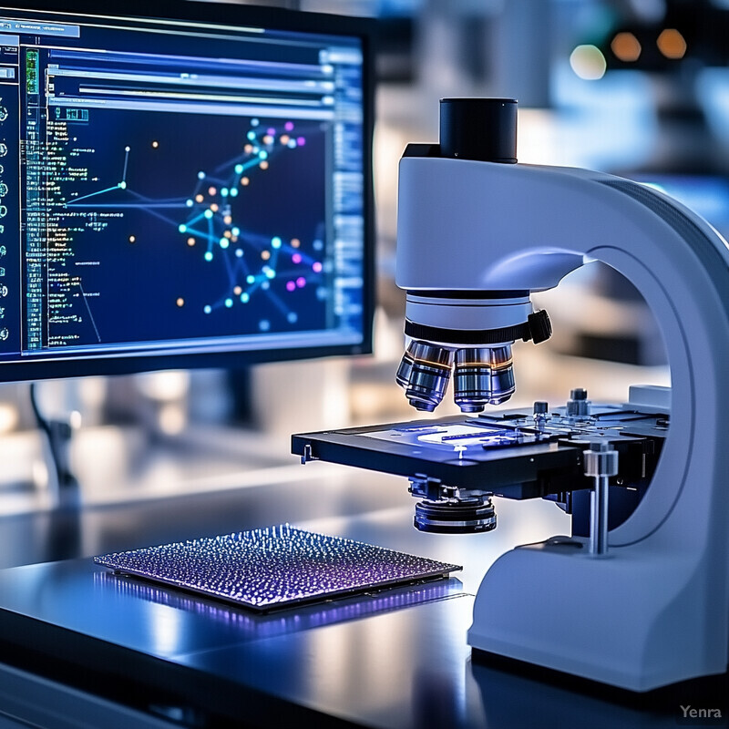 An Automated Image Analysis and Classification system in action, analyzing a microscope slide with high-tech precision.