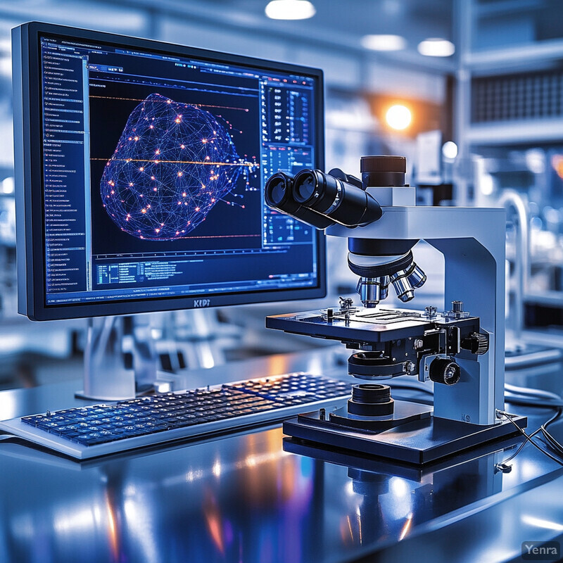 An Automated Image Analysis and Classification system is depicted in a laboratory setting, featuring a microscope and computer monitor.