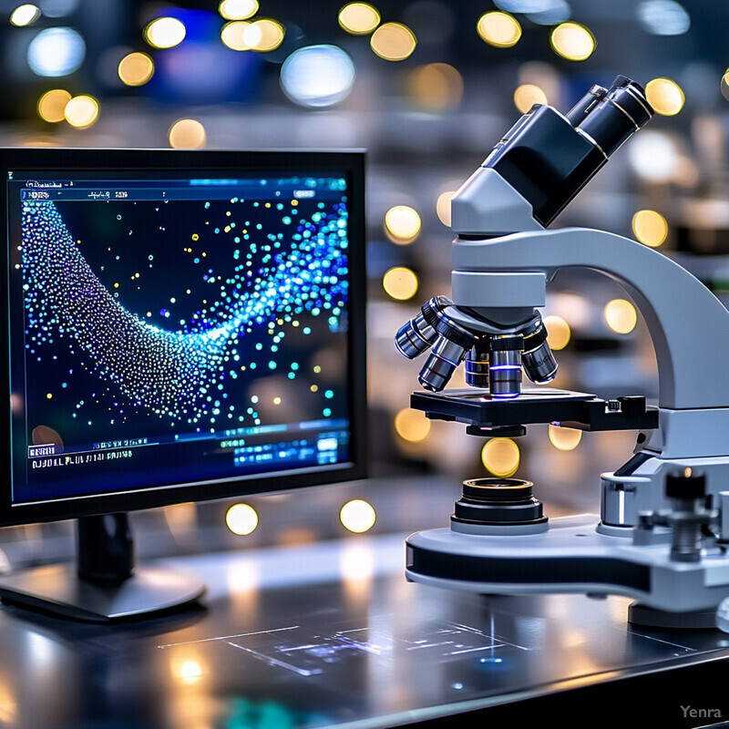 An automated image analysis and classification system in a laboratory setting, featuring a microscope and computer monitor displaying a 3D scatter plot.