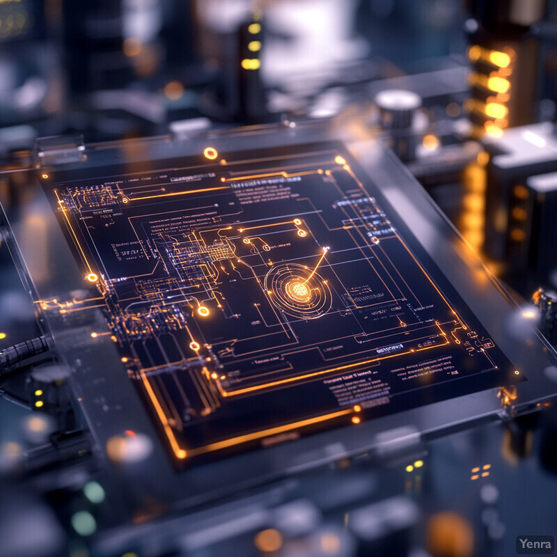 A complex electronic circuit board with a black background and intricate orange-colored wiring.