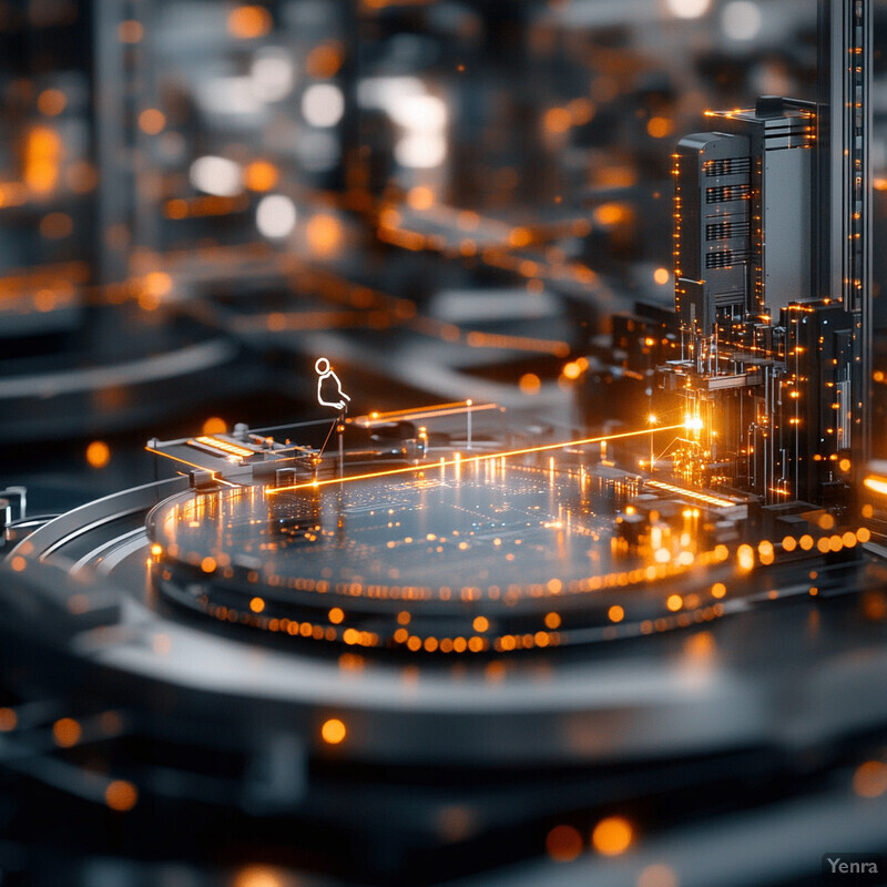 A futuristic scene of automated root cause analysis with a central silver platform and various devices.