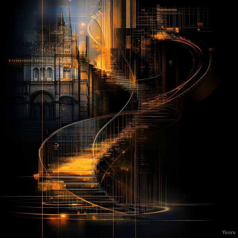 An abstract representation of a cityscape featuring a golden staircase leading to a grand building.