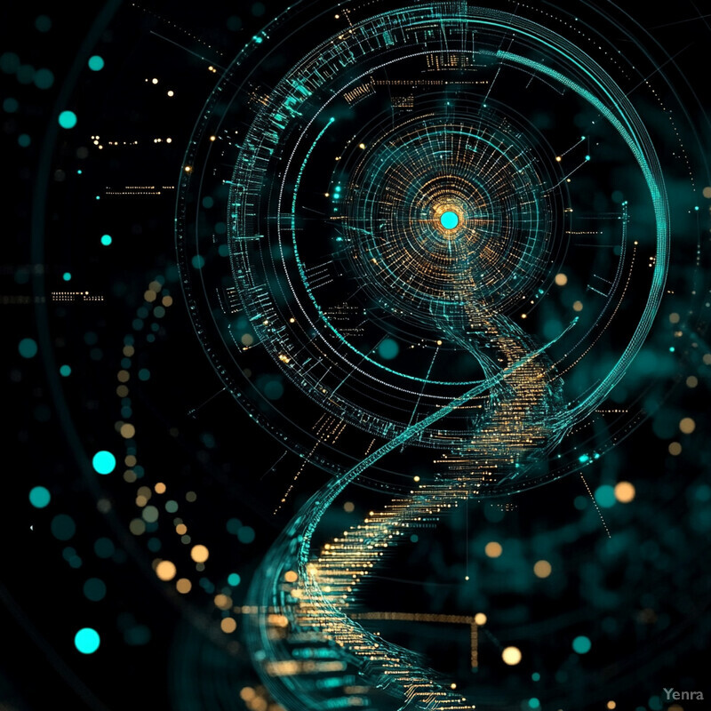 A glowing teal DNA double helix structure with gold symbols and lines, representing continuous learning and improvement.