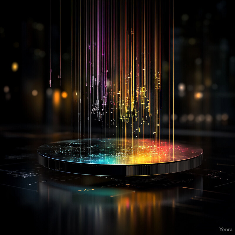 A futuristic scene featuring a central circular platform emitting vibrant lights and data streams.