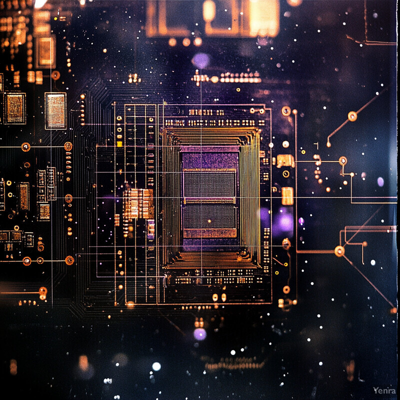 Intricate circuit board with central processor and other components.