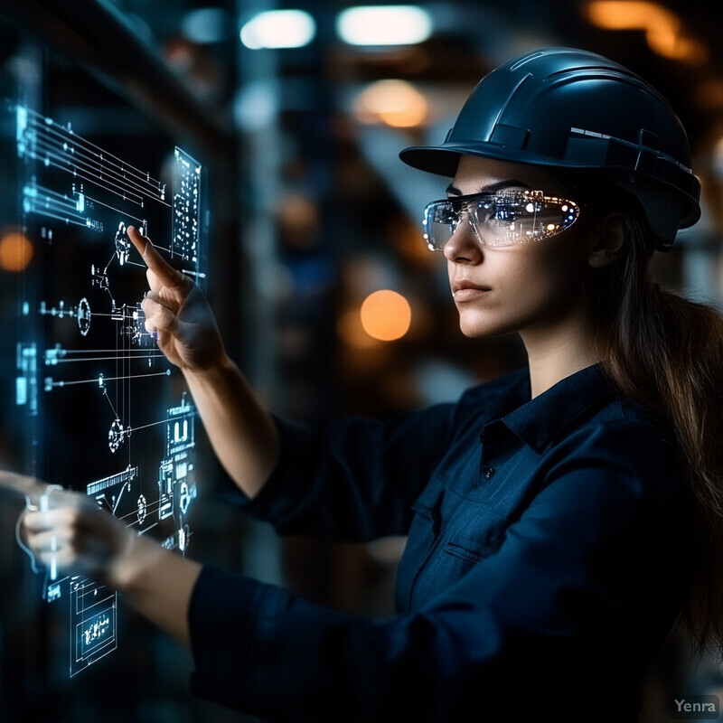 A woman in a hard hat and safety glasses examines holographic technical diagrams in an industrial setting.