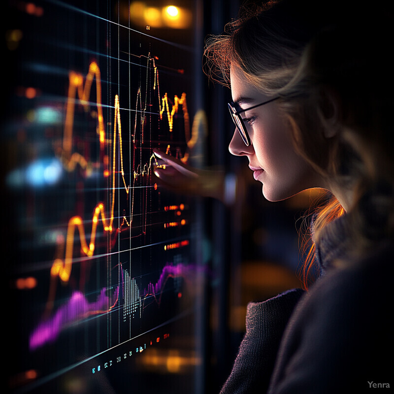 A woman is intently looking at a screen displaying a graph.