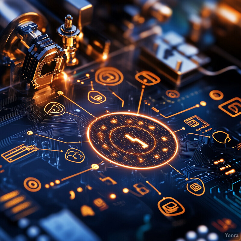 The image showcases a detailed view of a circuit board with various symbols and components.