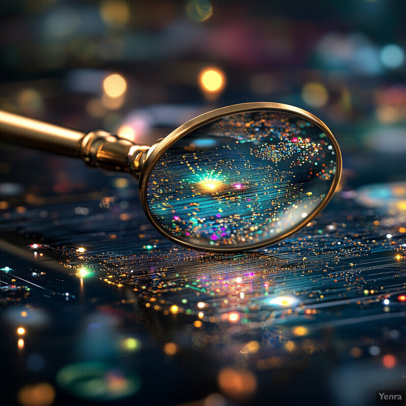 A magnifying glass is being used to examine a surface covered with tiny lights.