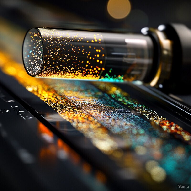 A cylindrical glass object with an orange and yellow pattern on its side is placed on a black surface in a dark room.