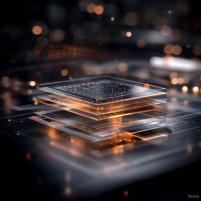 A 3D rendering of a computer chip or microprocessor, showcasing its intricate details and layers.