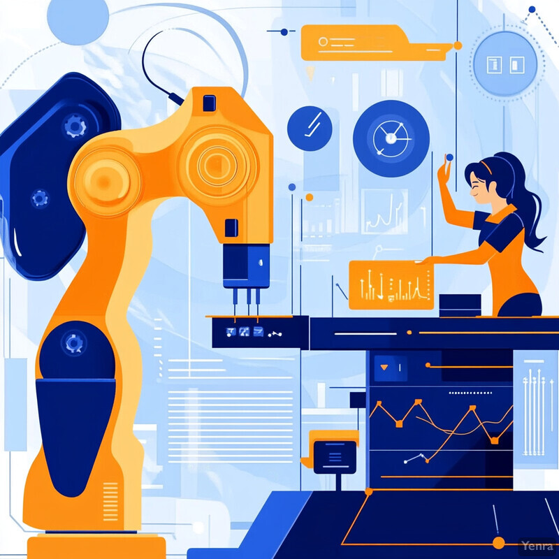 An industrial robot arm is prominently displayed in a factory setting, surrounded by various icons representing predictive maintenance and tool health monitoring.