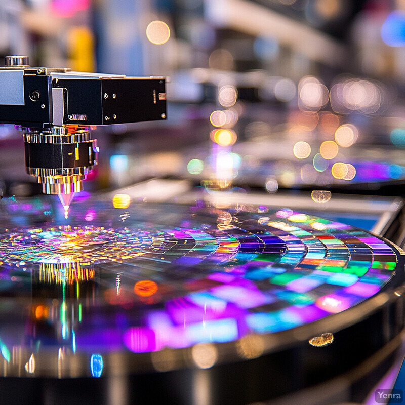 A machine with a black body and silver arm scans or prints onto a circular surface covered in colorful tiles.