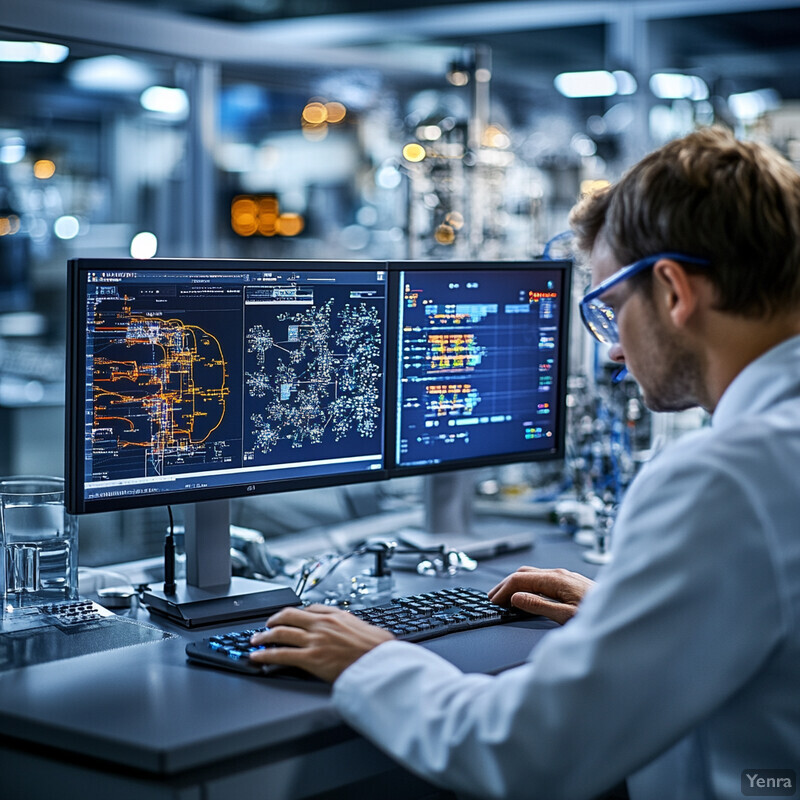 A man in a lab coat is working on computer monitors displaying diagrams and graphs.