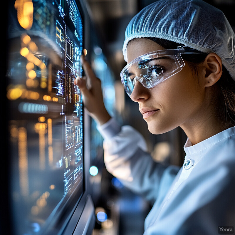 A woman in a lab coat is intently focused on a screen displaying lines of code.